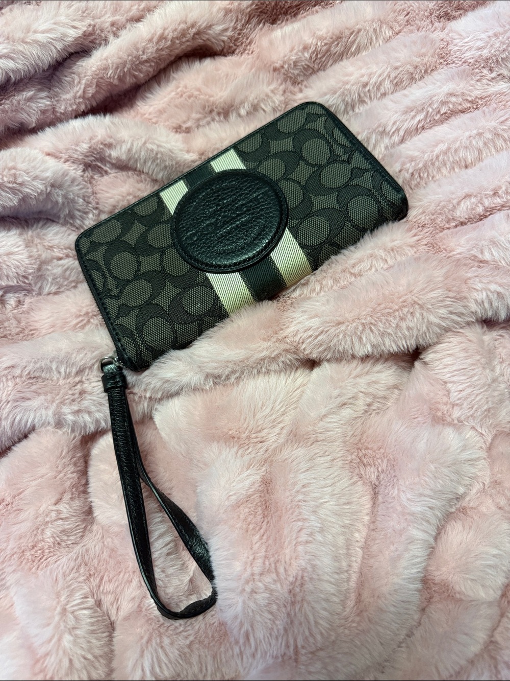 Coach Black Signature Stripe Zip Wristlet with Cream Stripe